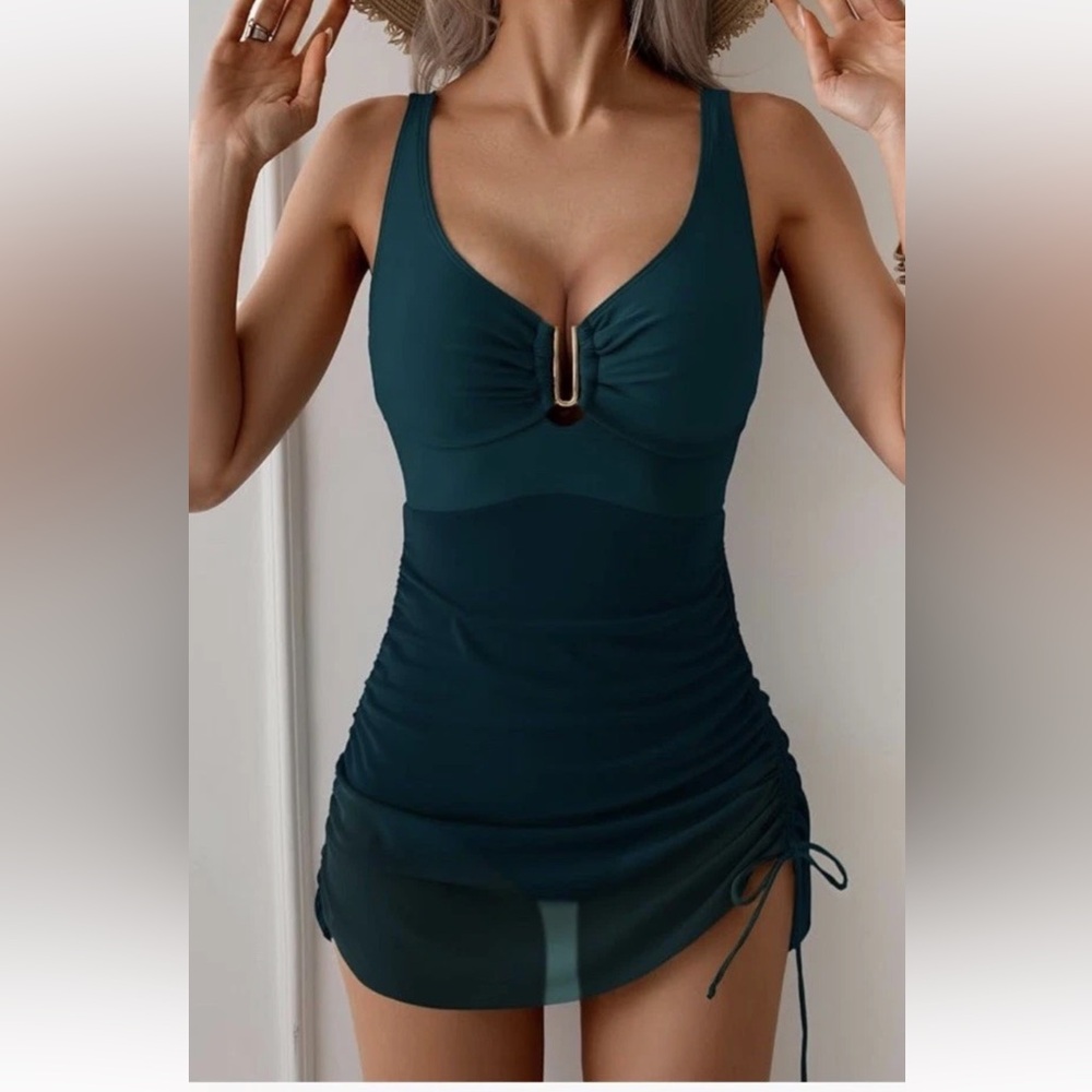 NWT, Women’s Dark Teal Ruched Tankini Dress Swimsuit, XXL